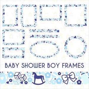 Soft pastel blue baby shower digital frames in PNG and SVG. Cute adorable nursery-themed digital frames for boys with pacifiers and bottles.