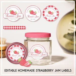 May include: Editable printable labels for homemade strawberry jam jars. The labels feature a red and white gingham pattern, a strawberry illustration, and the text "Emma's Jam" with the year established.