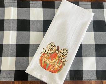Toalla de tela de saco con diseño de calabaza y agradecimiento, decoración otoñal para la cocina.