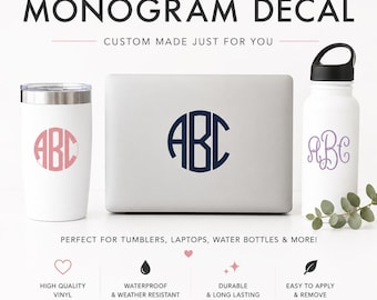 May include: A monogram decal set featuring the letters ABC in various fonts and colors applied to a white tumbler, a silver laptop, and a white water bottle. The text MONOGRAM DECAL, CUSTOM MADE JUST FOR YOU, and product features are clearly visible.