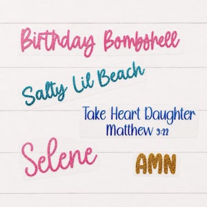 May include: Five separate adhesive decals featuring glittery text. The top decal reads Birthday Bombshell in pink, followed by Salty Lil Beach in teal, Take Heart Daughter Matthew 9:22 in blue, Selene in pink, and the letters AMN in gold glitter.