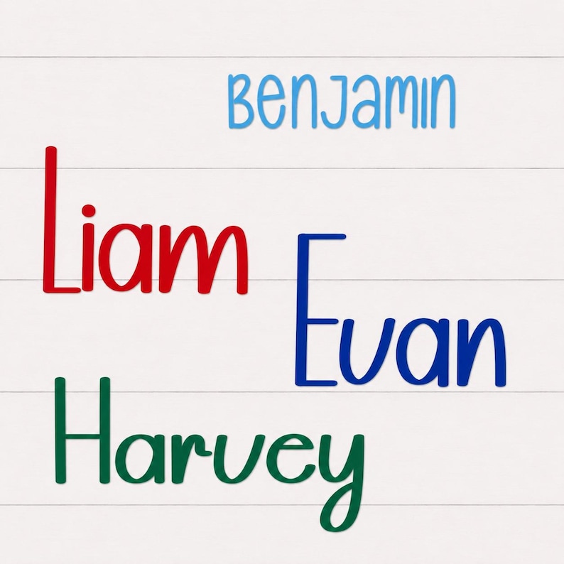 May include: A white background featuring four names in different colors and fonts. The name Benjamin is in light blue, Liam is in red, Evan is in dark blue, and Harvey is in dark green. The text is arranged in a vertical layout on a white surface.
