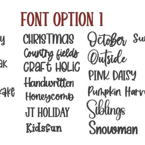 May include: A chart titled FONT OPTION 1 in dark red text, displaying a collection of black typography samples including Amazing Quirky, Anastasia, Beans and Break, Blackberry, Blueberry Pancake, Bubbly, Cameleon, Christmas, Country fields, Craft Holic, Handwritten, Honeycomb, JT Holiday, Kidsfun, October, Outside, Pink Daisy, Pumpkin Harvest, Siblings, Snowman, Summer Berries, Sweetie, and Winter Snow.