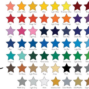 May include: A Vinyl Color Chart featuring a grid of numerous star-shaped icons in various colors, each labeled with its specific color name underneath. The text 'Vinyl Color Chart' is written vertically in black script on the left side of the image.