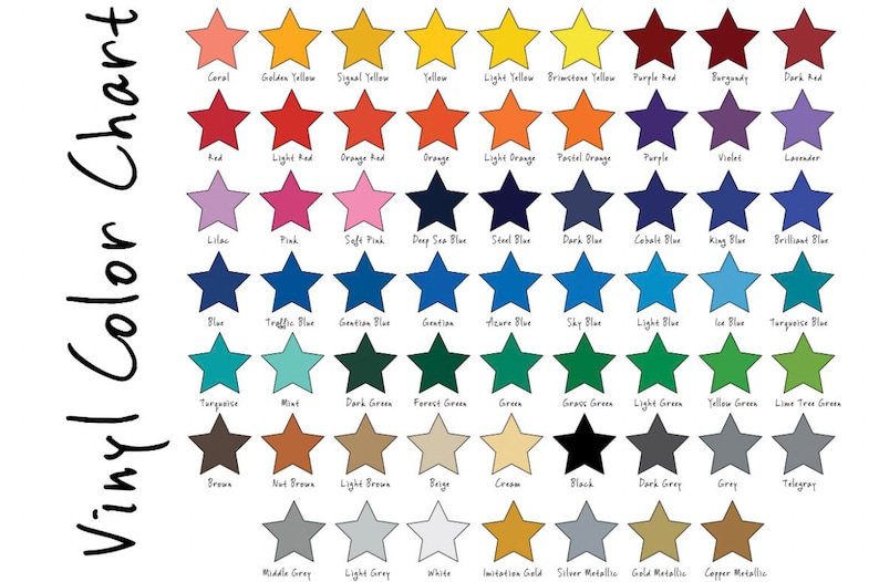 May include: A Vinyl Color Chart featuring a grid of numerous star-shaped icons in various colors, each labeled with its specific color name underneath. The text 'Vinyl Color Chart' is written vertically in black script on the left side of the image.