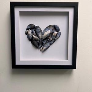 May include: A framed artwork showing a heart shape made from seashells. The shells are in shades of blue, grey, and white, set against a white background within a black frame. The artwork is mounted on a white wall.