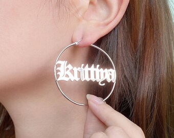 Custom name hoop earring personalized cutout 2.5cm/3cm/4cm/5cm diameter round circle earring dangle name earring birthday gift for her