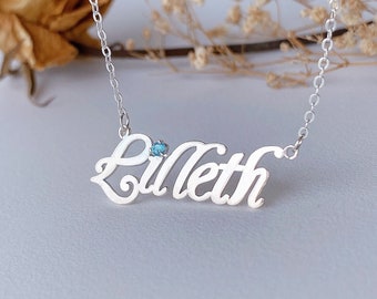 Personalized zircon name necklace Custom birthstone name necklace inlaid 12 months birthstone rhinestone necklace sterling silver