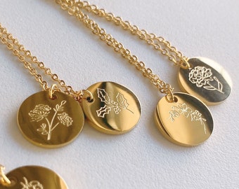 Gepersonaliseerde gegraveerde bloem ketting verguld 15 mm ronde schijf ketting geschenken voor moeder sterling zilver 925/roestvrij staal