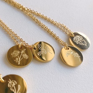 Collier de fleurs gravé personnalisé or plaqué 15 mm cadeaux collier disque rond pour maman argent sterling 925/acier inoxydable