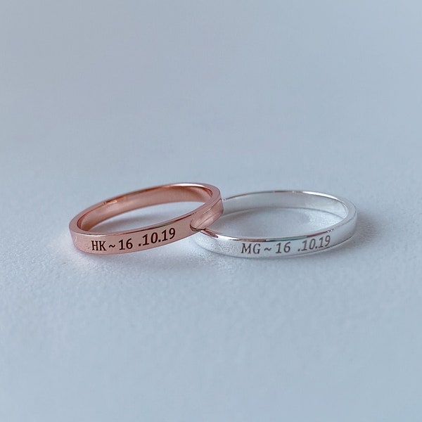 Personalized engraved ring 2mm width couple's ring custom sterling silver little finger thin ring minimalist stackable ring