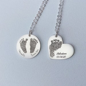 Personalized engraved Baby Footprint Fingerprint Pet paw necklace Custom Sterling silver engraving heart shape round disc necklace