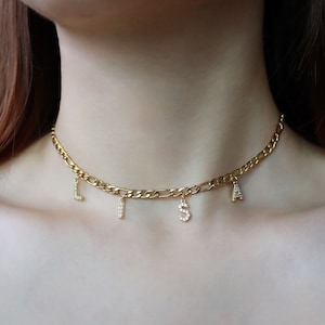 Colar com nome de strass personalizado, colar com inicial brilhante, gargantilha com nome do espaço, colar com letras de zircônia, 4mm de espessura, corrente Figaro