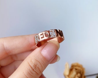 Custom rhinestone name ring 5 mm wide band ring personalized name ring set with white zircon initial letter ring couples ring gift for her