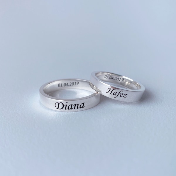 CUSTOM engraved band ring carve any name Sterling silver 5 mm width white gold plated smooth couple's ring gift for him valentines gifts