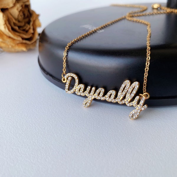CUSTOM rhinestone name necklace personalized full-drilled zircon name necklace DIY shiny initial letter necklace birthday gift for her