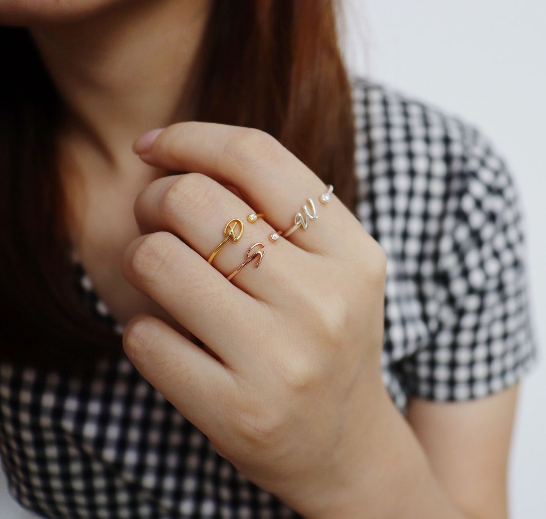 Custom Initial Ring Inlay White Zircon Stackable Ring Rage Italic Font ...