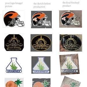 May include: A collection of custom-made pins featuring various designs. The designs include a football helmet, a logo with the text "IL Luxus Lounge BBQ BARI SHISHA", a beaker with a plant inside and the text "GRAMINEX", and a peach with a leaf.
