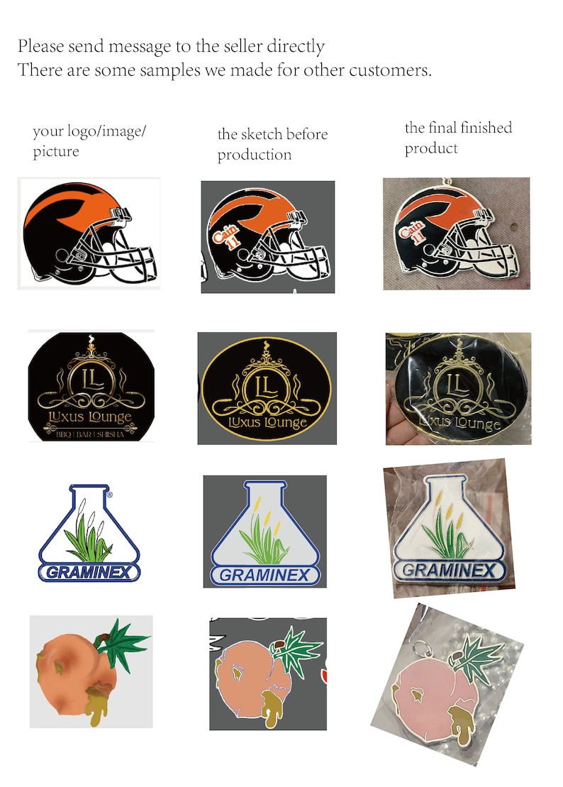 May include: A collection of custom-made pins featuring various designs. The designs include a football helmet, a logo with the text "IL Luxus Lounge BBQ BARI SHISHA", a beaker with a plant inside and the text "GRAMINEX", and a peach with a leaf.