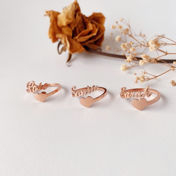 Personalized Heart Shape Name Ring Custom Open-end Name Ring