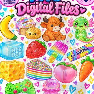 Può includere: Una collezione digitale di 14 file PNG colorati con illustrazioni di una banana, una mucca highland, un axolotl, una fragola, un ghiacciolo arcobaleno, un panetto di burro, formaggio, una torta arcobaleno, una pesca, una carota e un controller di gioco.