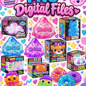 Puede incluir: Una colección digital de 12 diseños de juguetes NeeDoh que incluye varias formas blandas como un osito de goma, reno, hombre de jengibre, pingüino, donas y un gato de calavera de azúcar, presentados con sus cajas y gráficos coloridos.