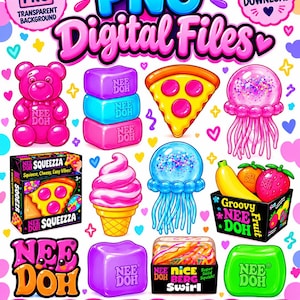 Może przedstawiać: Cyfrowa kolekcja 12 grafik zabawek typu squishy Nee Doh, w tym różowy miś, ułożone w stos kostki, kawałek pizzy, meduza, rożek lodowy, kosz z owocami oraz napisy takie jak PNG Digital Files, Squeezza i Groovy Nee Doh Fruit.