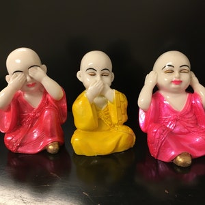Vintage BUDDHA NO EVIL Monks Figurine Statue, Cute Little Monks; Hear No Evil, See No Evil, Speak No Evil, Do No Evil Statue Figurine Decor