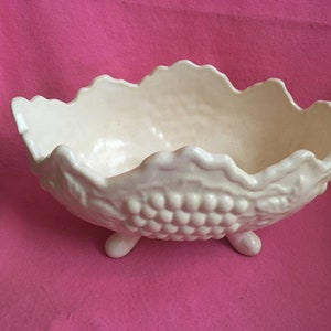 Vintage Artist Signed L. U. Pratt 1958 ; Ceramic Art Pottery VASE BOWL VESSEL in Creamy White Ivory Matte Glaze; 10 5/8&quot; L x 6 1/2&quot; W x 6&quot; H
