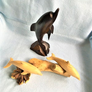 Lot Of 2 Hand Carved DOLPHIN FIGURINES; iron wood single dolphin and Jempinis benalu wood 2 dolphins sculpture Marine Nautical Ocean Animals