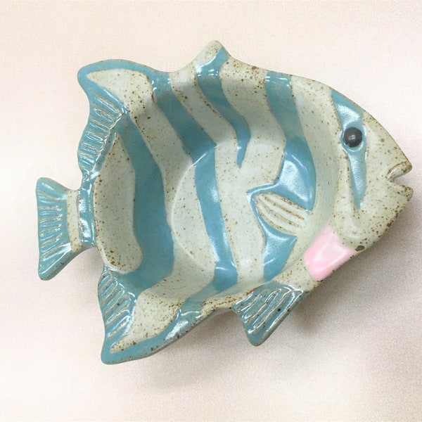 Vintage Tom Chamberlain Art Pottery Studio Fish Shaped Bowl Dish Blue Gray Pink; Measures 8 3/4 ”Long ) x 7" Tall x 2 1/2" Deep