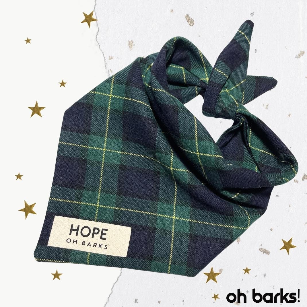 Tartan Green Dog Bandana: Plaid Tie Back Scarf