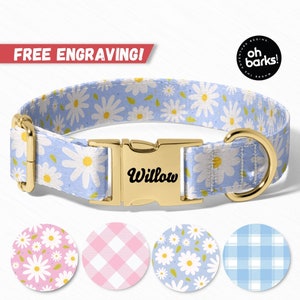 Flower Dog Collar, Personalized Daisy Blue Dog Collar With Name, Girl Floral Dog Collars Are Cute, Adjustable Heavy Duty,Sizes XSmall XLarge