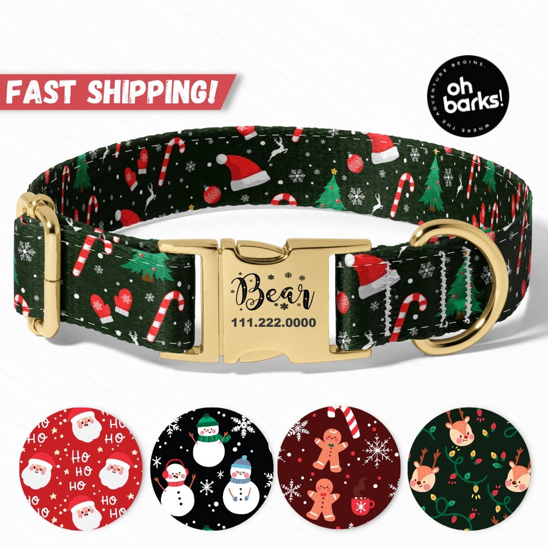 Christmas Dog Collar, Personalized Dog Collar, Candy Cane Snowflakes