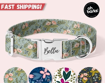 Flower Dog Collar, Personalized green Dog Collar With Name, Fabric Girl Dog Collars Are Cute, Adjustable, and Heavy Duty,Sizes XSmall XLarge