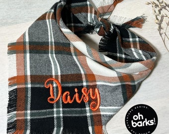 Brown Orange Plaid Dog Bandana • Embroidered Fall Autumn Custom Name Bandana • Tartan Plaid •Dog Accessory • Burnt Orange Gray Cream Black