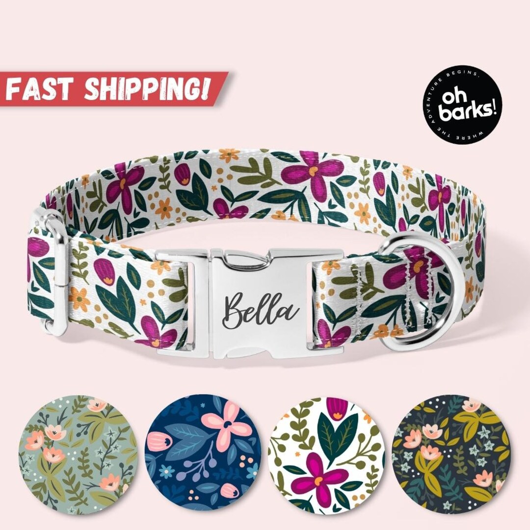 Floral Dog Collar Personalized, Custom Purple Dog Collar With Name
