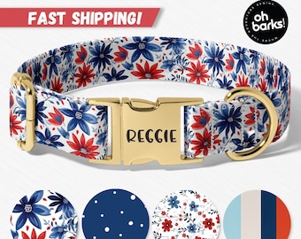 Collare per cani, Collari per cani patriottici con fiori personalizzati, Collare del 4 luglio, Collari per cani con fiori rossi bianchi e blu, Collari per cani per ragazze