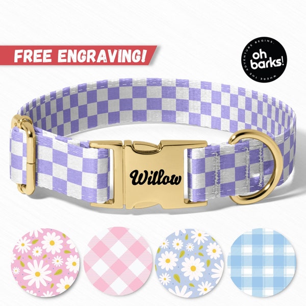 Flower Dog Collar, CHECKER Dog Collar With Name, Girl Floral Dog Collars Are Cute, Adjustable Heavy Duty,Sizes XSmall XLarge