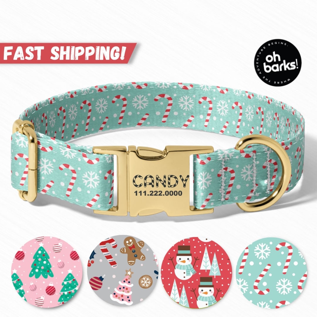 Christmas Dog Collar, Personalized Dog Collar, Candy Cane Snowflakes