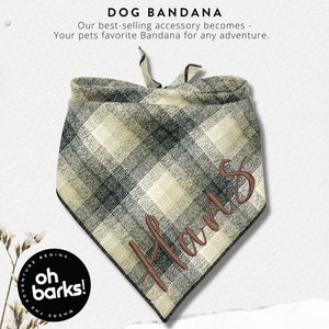 Personalized Dog Bandana: Green Plaid Flannel, Embroidered Name