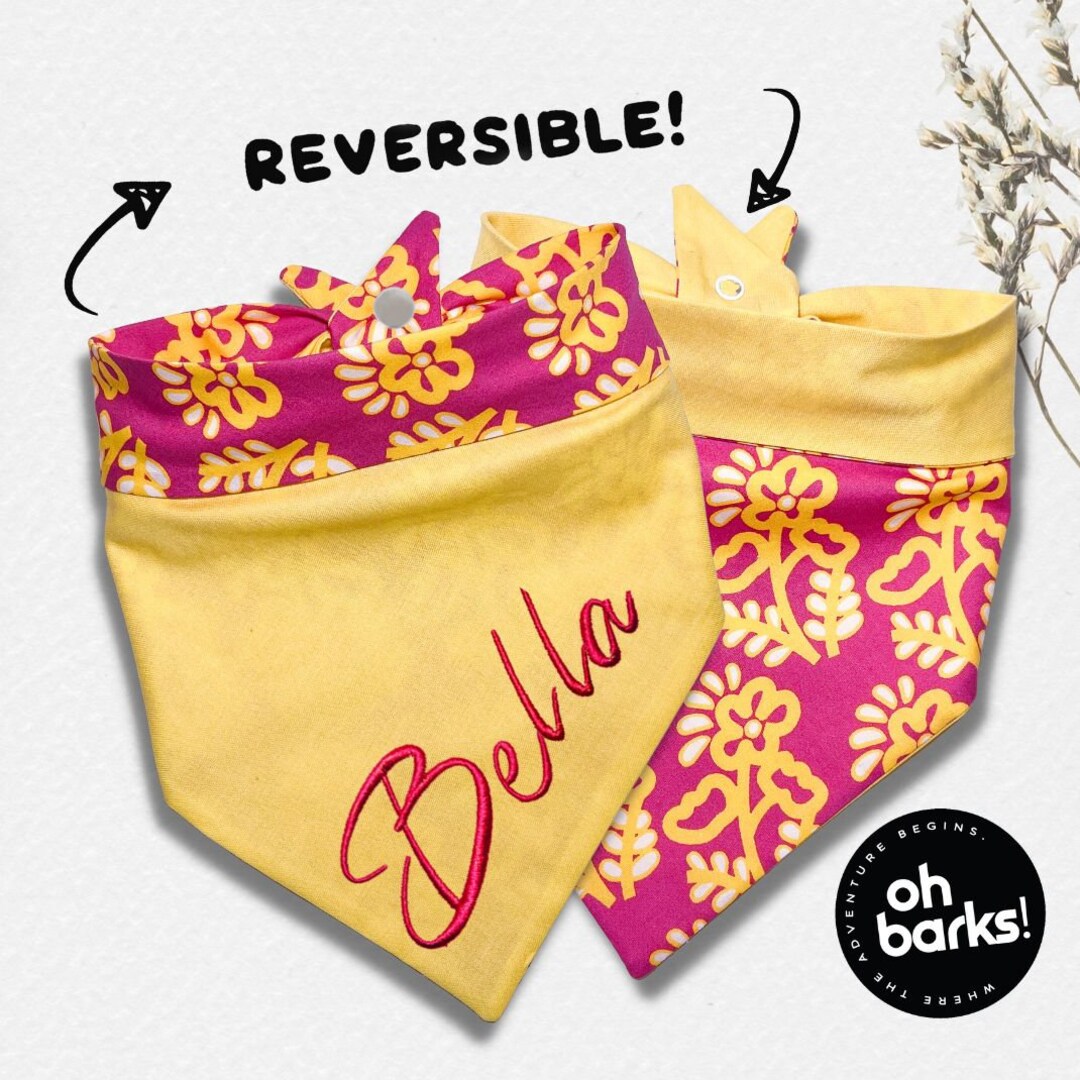 Dog Bandana Embroidered Dog Bandana Floral Reversible Dog Bandana Tie & Snap Custom Dog Bandana