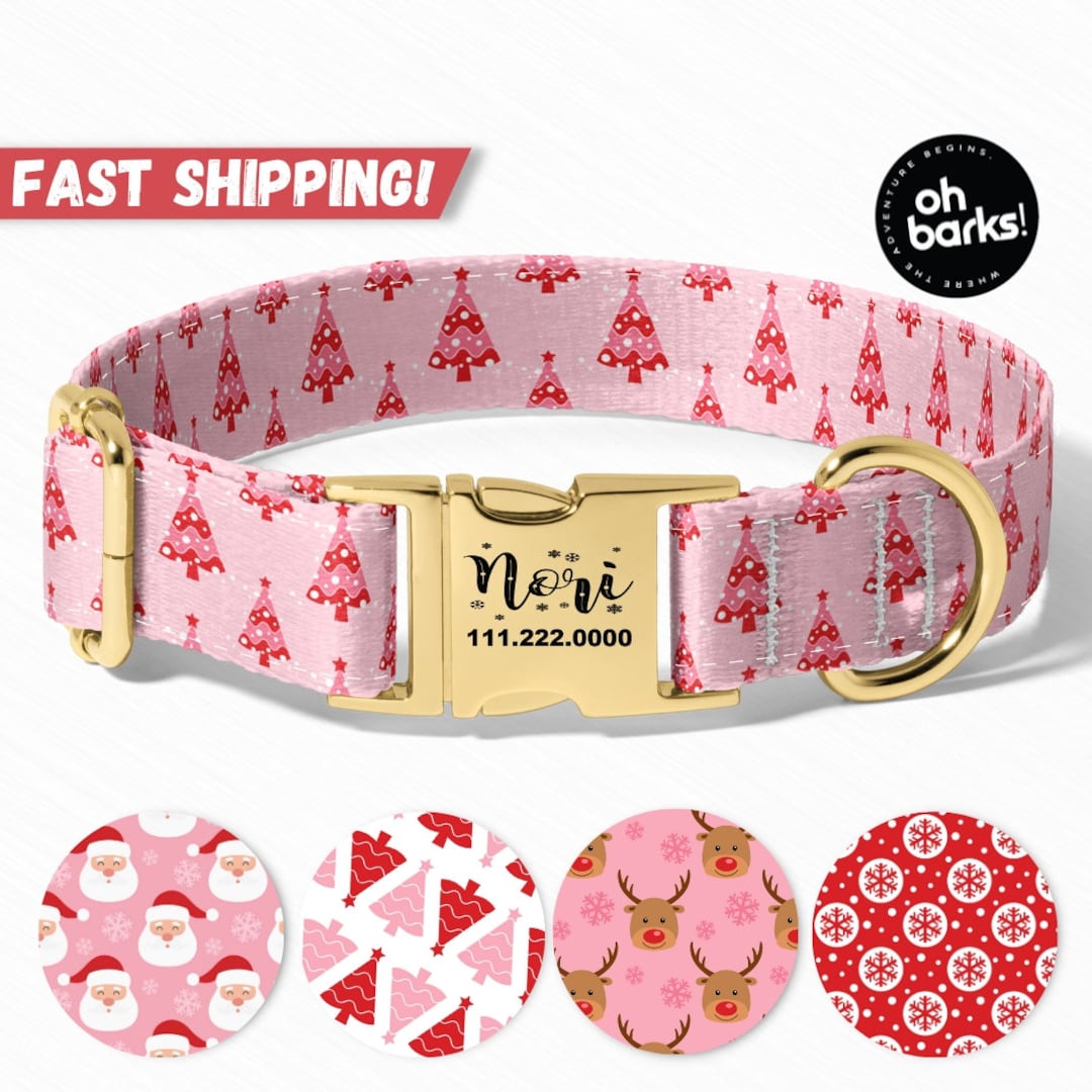 Christmas Dog Collar, Personalized Dog Collar, PINK SNOWFLAKE TREES Dog