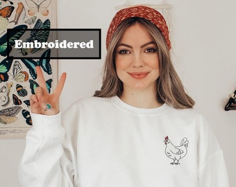 Embroidered Chicken Sweatshirt, Gift For Farm Chicken And Animal Lover, Crewneck Shirt, Cute Chicken Animals Holiday Gifts For Women And Men