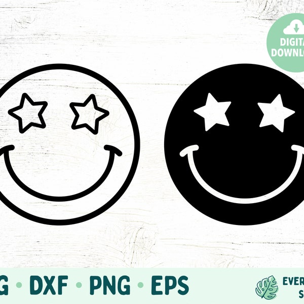 Smiley Face SVG, Smiley Face With Star Eyes, Hippie SVG for Cricut and Silhouette, SVG Files for Cut Machines, Happy Face Digital Files