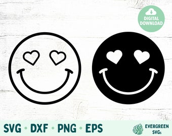 Smiley Face SVG, Smiley Face With Heart Eyes, Hippie SVG dla Cricut i Silhouette, Pliki SVG dla maszyn tnących, Pliki cyfrowe Happy Face