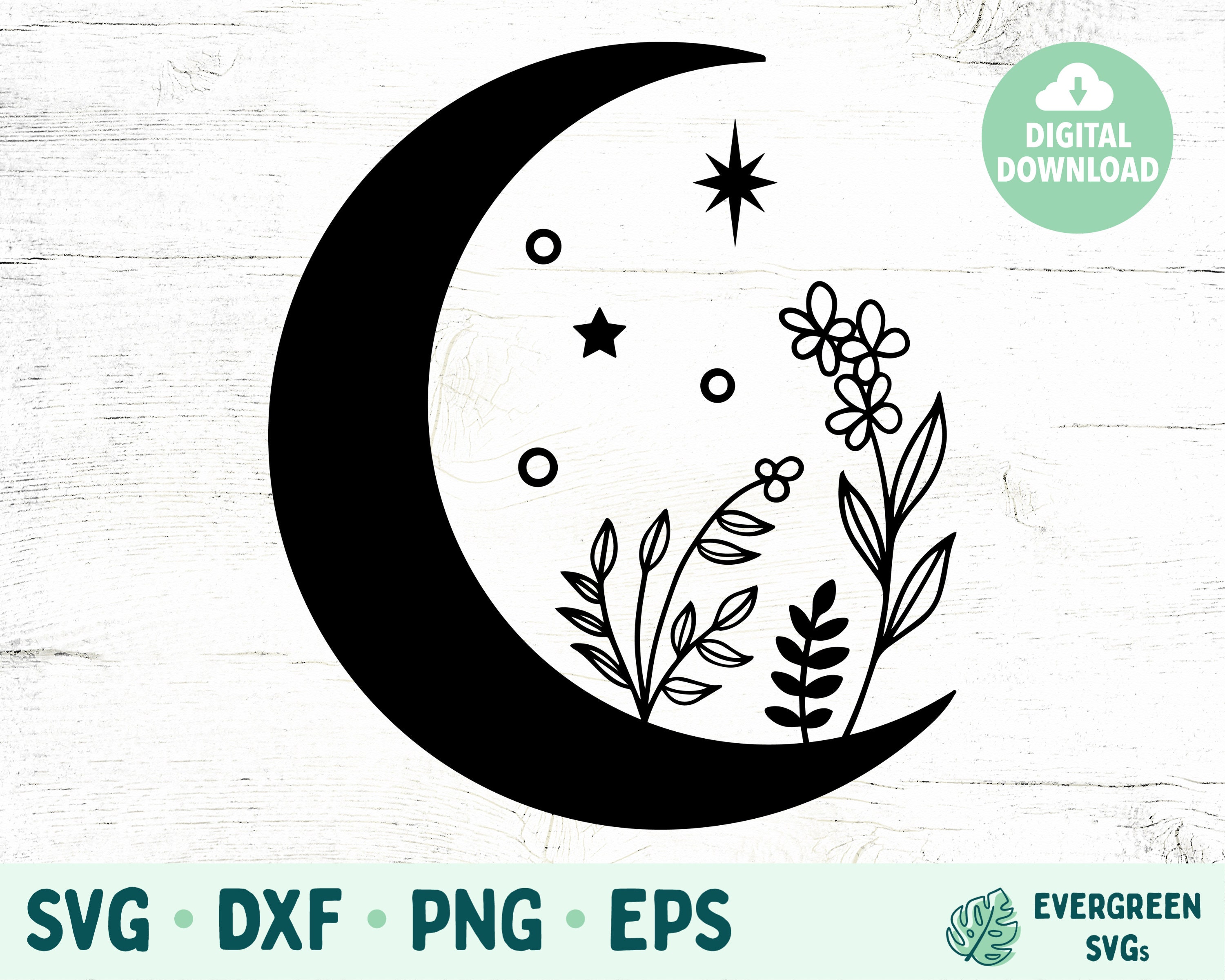 Lua Crescente com Flores Silvestres SVG, Lua Celestial SVG, Boho Lua Crescente SVG Arquivos de Corte para Cricut e Silhueta, Lua Crescente de Flores Silvestres