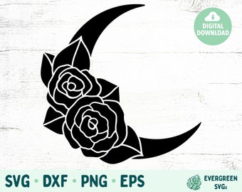 May include: Black and white silhouette of a crescent moon with two roses on the left side.