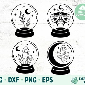 May include: Four black and white illustrations of snow globes with different designs. The first snow globe has a crescent moon, stars, and a plant inside. The second snow globe has a crescent moon, stars, and a moth with eyes inside. The third snow globe has a crescent moon, stars, and a crystal inside. The fourth snow globe has a crescent moon, stars, and a crystal inside.