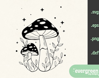 Cogumelo SVG, Cogumelo Mágico SVG, Cogumelo Mágico com Plantas e Estrelas SVG Design, Cogumelo Cottagecore svg, Cogumelo e Estrelas svg